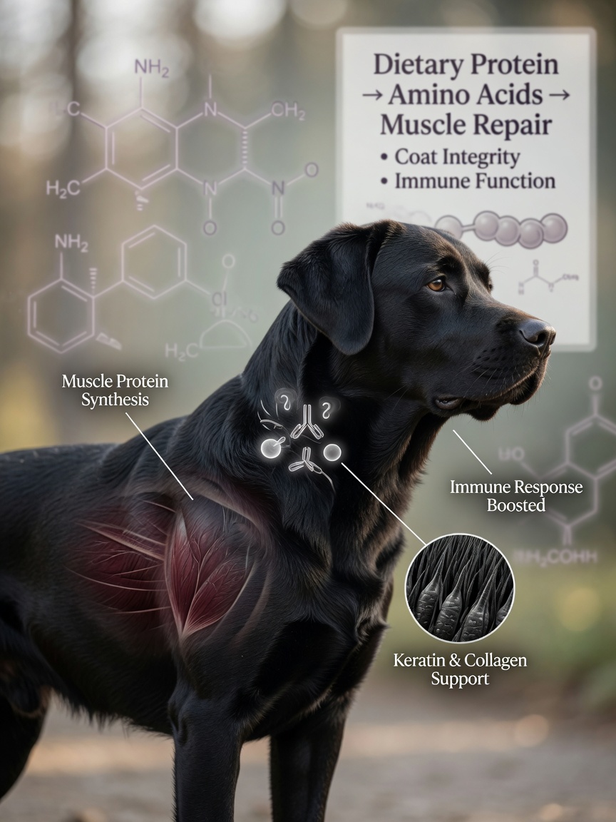 Healthy adult dog showing shiny coat and defined muscle structure, demonstrating the benefits of proper protein intake