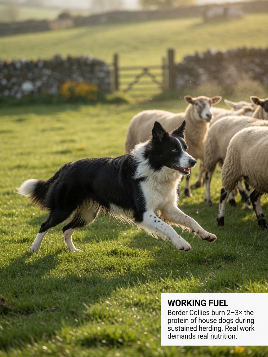 Working Border Collie actively herding sheep, demonstrating the type of sustained physical labor that warrants higher protein intake