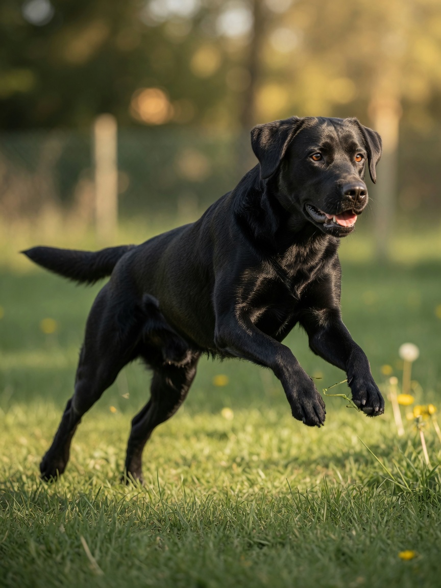 Athletic black Labrador Retriever in mid-run showing muscular physique and active movement, representing increased protein needs for working dogs