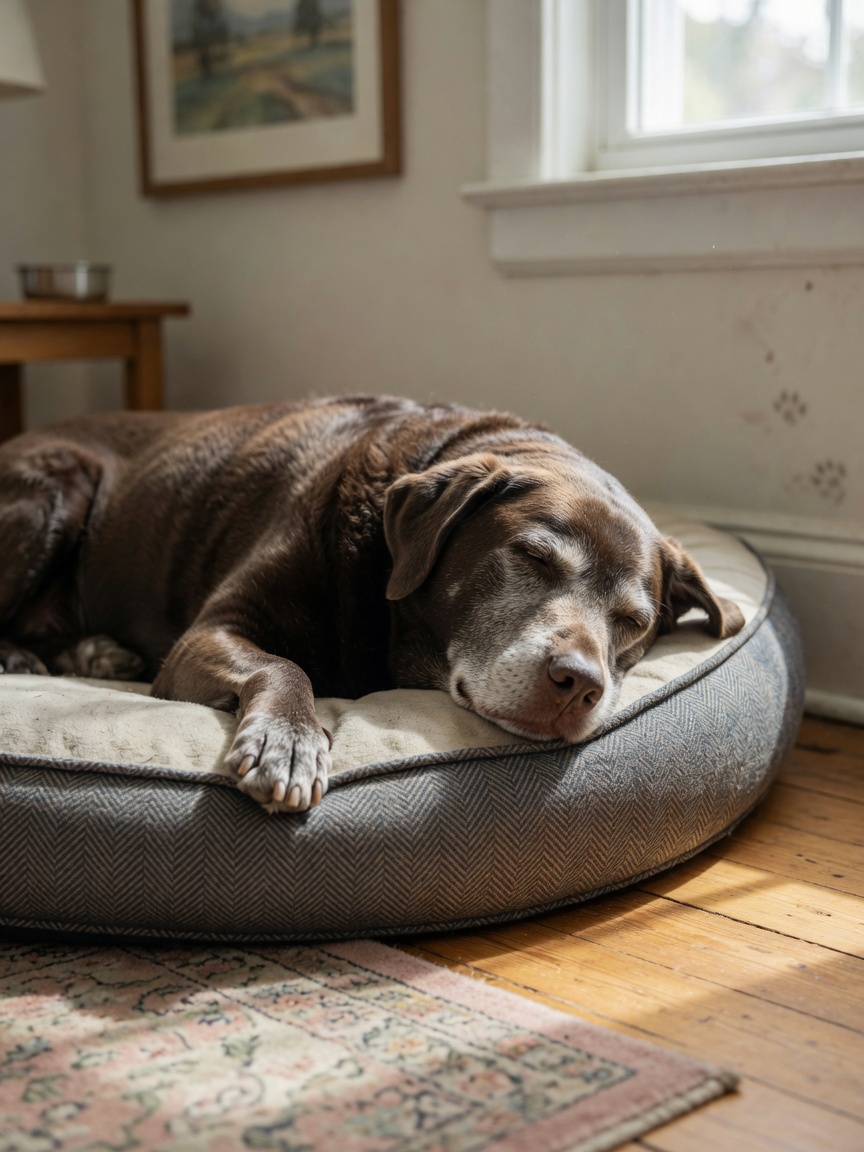 Senior Labrador Retriever with greying muzzle resting peacefully on an orthopedic bed in soft afternoon light