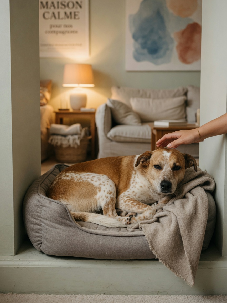 Dog settling into a comfortable, dedicated sleep nook with soft bedding and a calm, quiet environment