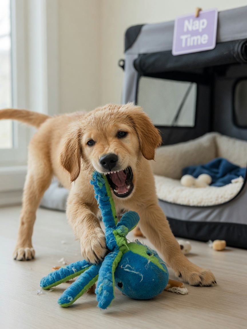 Cachorro cansado demais com 4-6 meses exibindo comportamento excessivo de mordida e overstimulação, com crate para tempo de sesta forçado visível