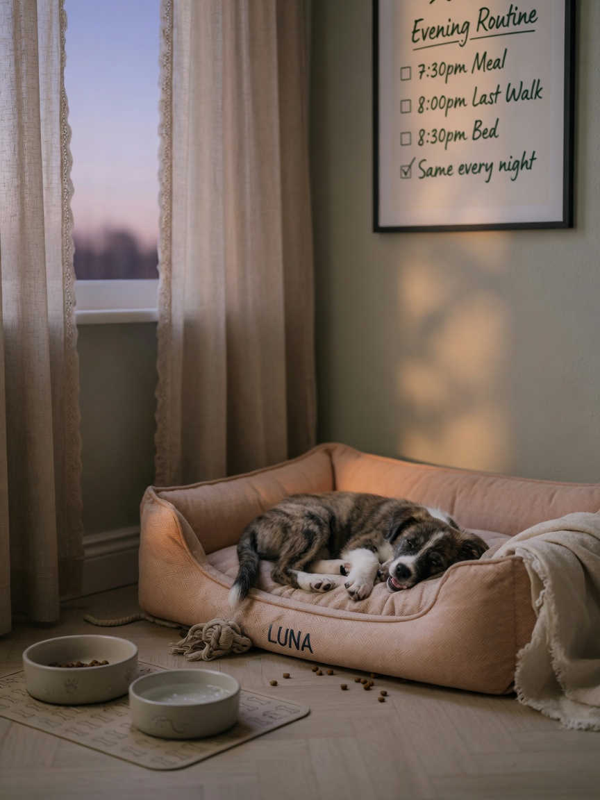 Ambiente calmo e de suporte ao sono para cachorros com espaço tranquilo, cama confortável e iluminação tênue