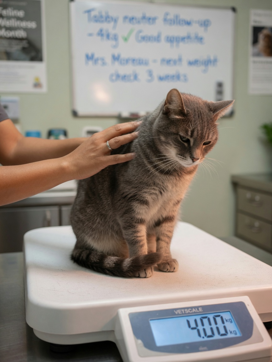 A cat being weighed on a veterinary scale during a weight assessment, highlighting the importance of precise body weight measurement for determining proper feeding amounts.