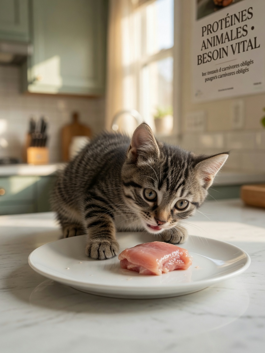 Tabby kitten investigating raw meat on a plate, showing the obligate carnivore nature of cats