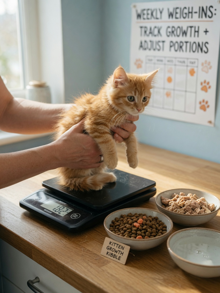 Cat owner weighing a young tabby kitten on a kitchen scale with feeding bowls visible, showing monitoring of kitten growth