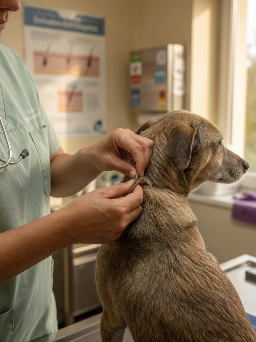 Veterinarian performing skin turgor test on dehydrated dog to check hydration status