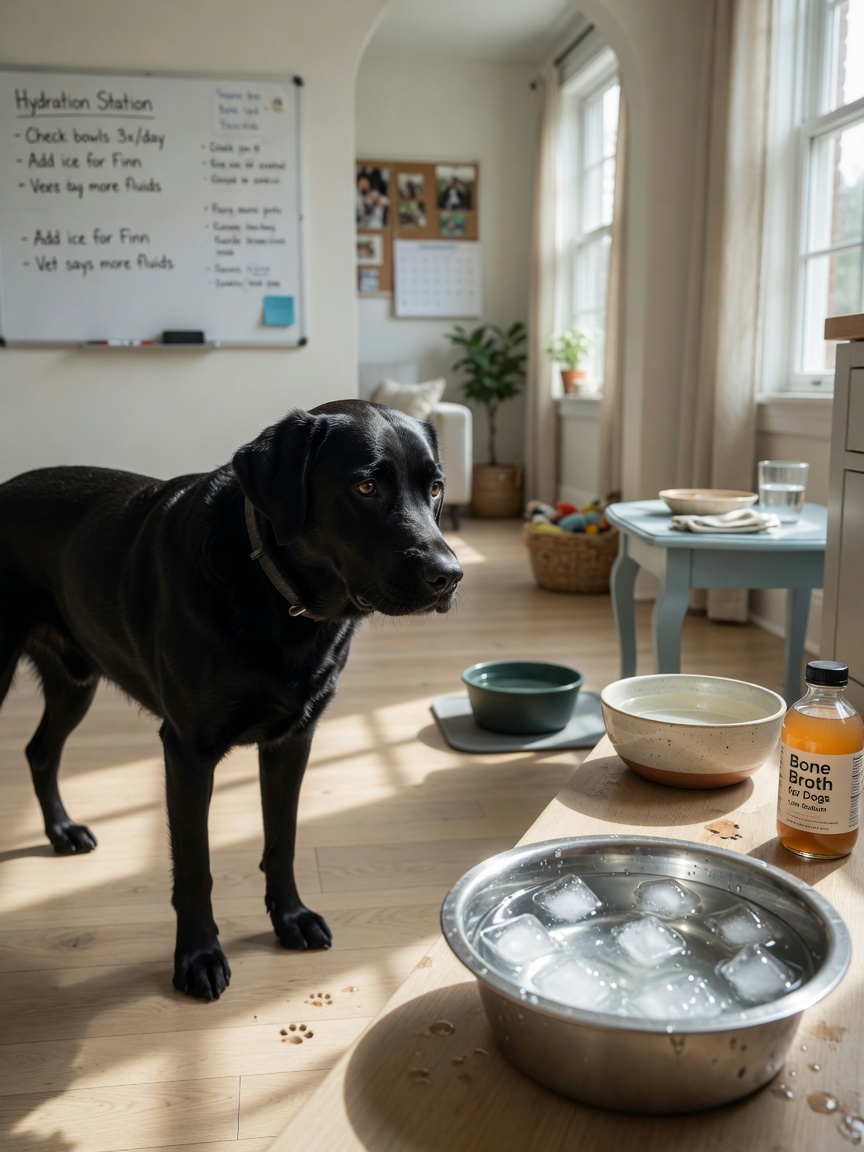 Labrador Retriever with multiple water bowls in different locations showing water placement strategies