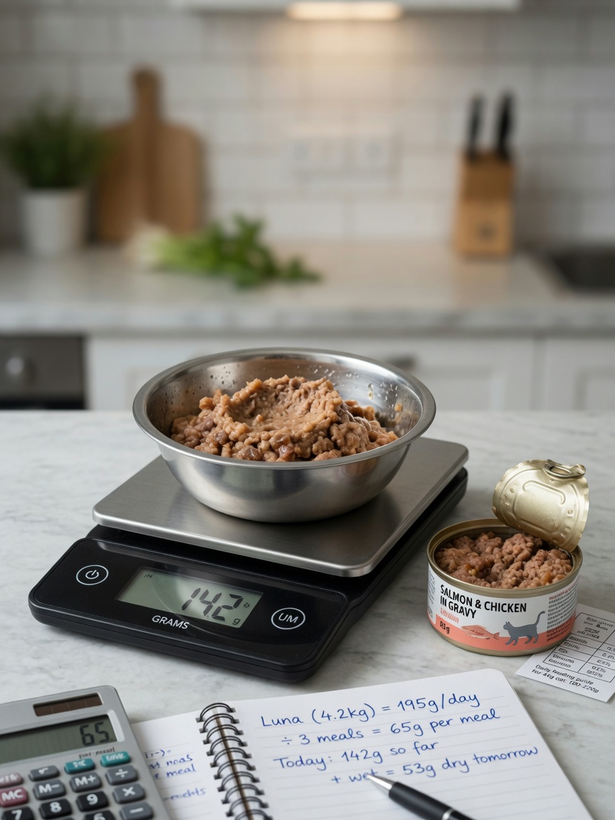 Kitchen scale with measured portion of wet cat food and nutritional tin for calculating portions