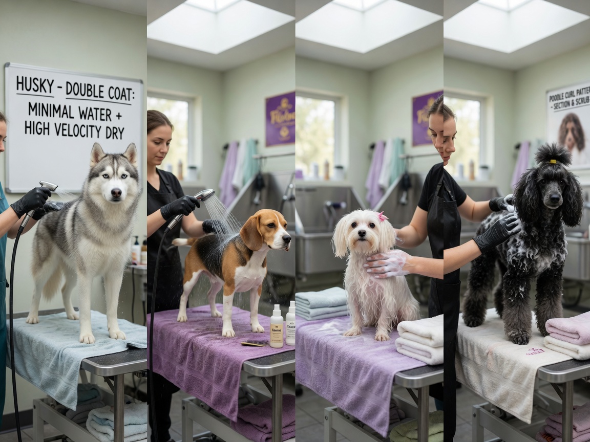 Four different dog breeds being groomed showing varying coat types: Husky with water-repellent double coat, Beagle with short hair, Maltese with long silky coat, and Poodle with curly dense coat