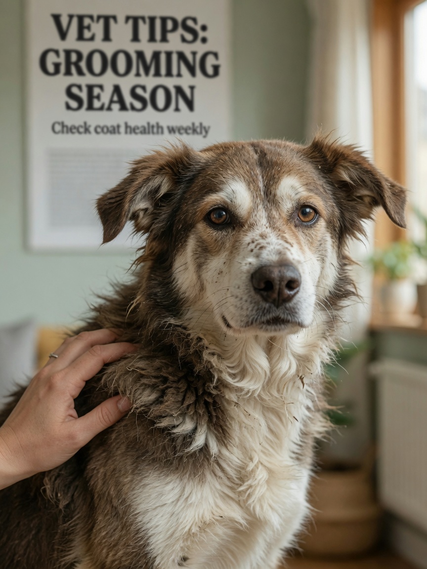 Close-up of a dog's matted, dull coat showing visible signs of needing a bath, with owner's hand checking the coat condition