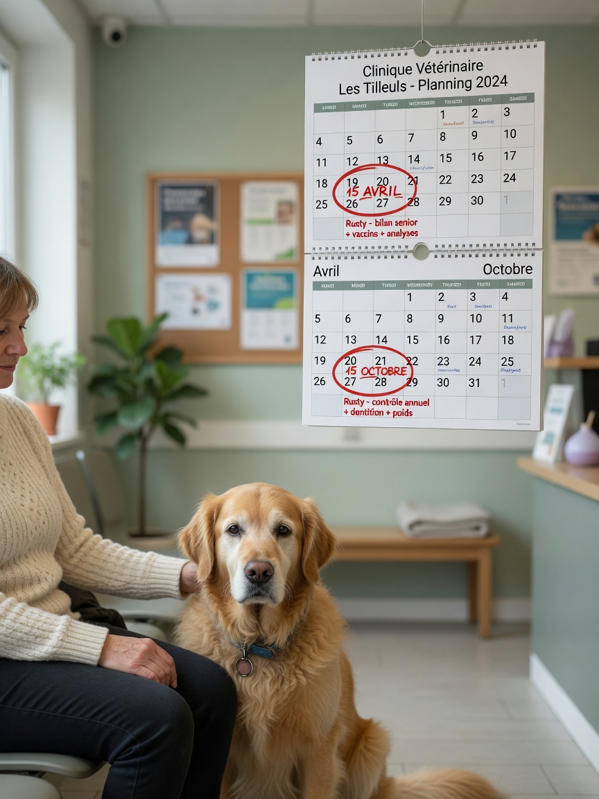 Senior golden retriever in a veterinary clinic waiting room, suggesting twice-yearly wellness visits