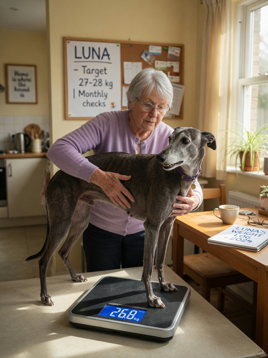 Owner weighing a senior greyhound on a home scale for monthly health monitoring