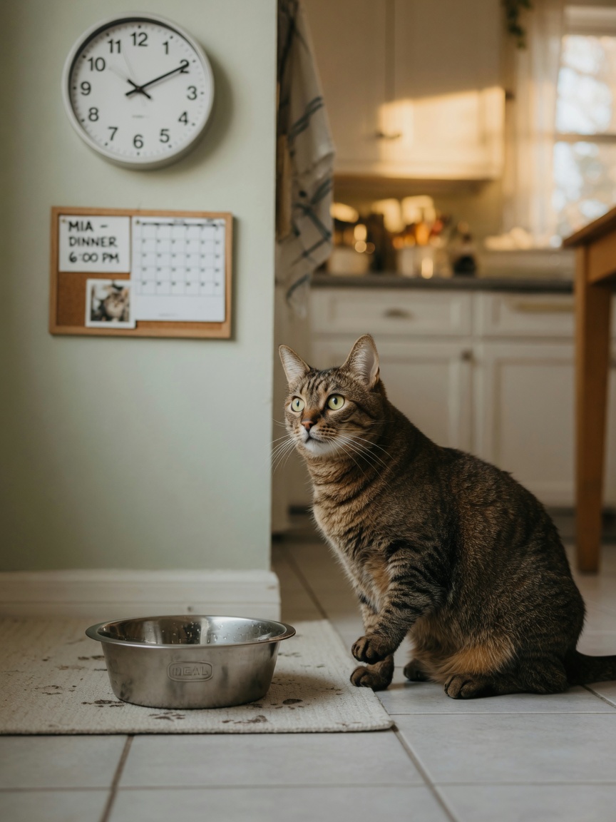 Alert tabby cat waiting beside food bowl during scheduled feeding time