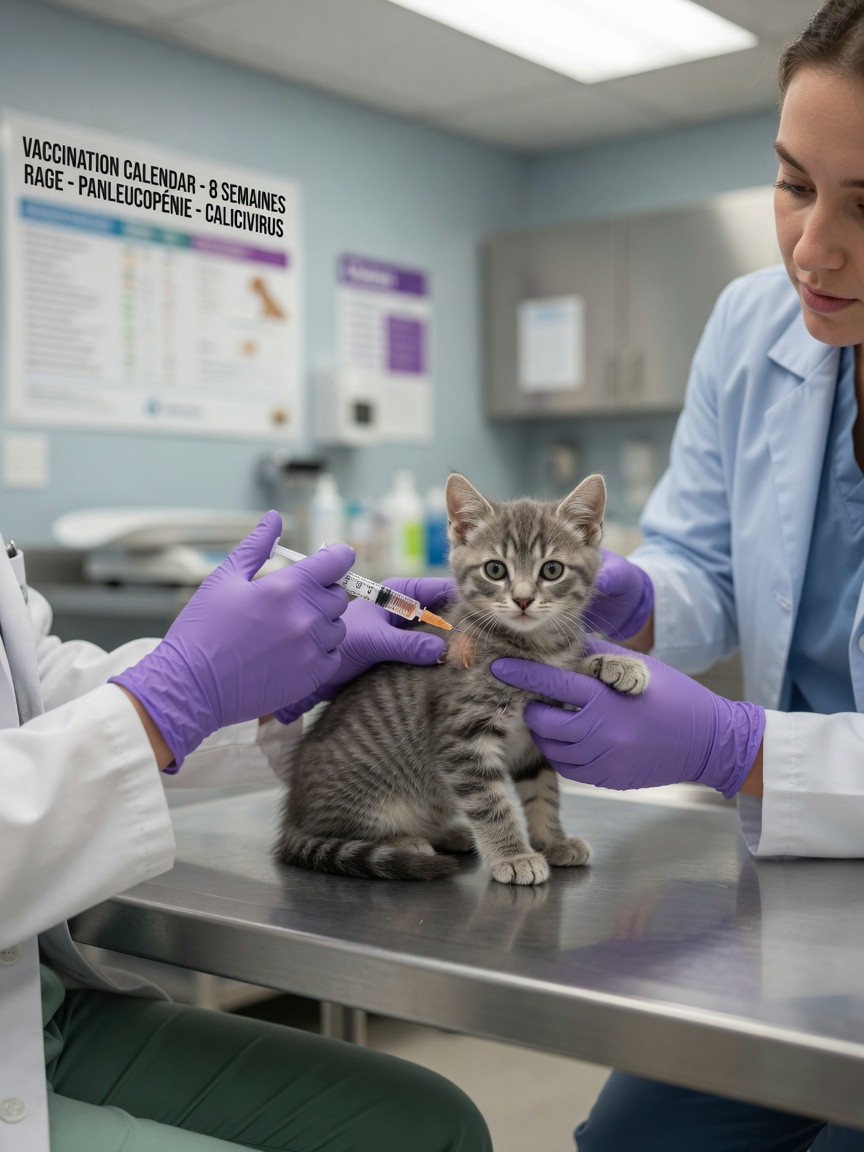 Veterinarian administering first vaccination to a young kitten during initial health examination