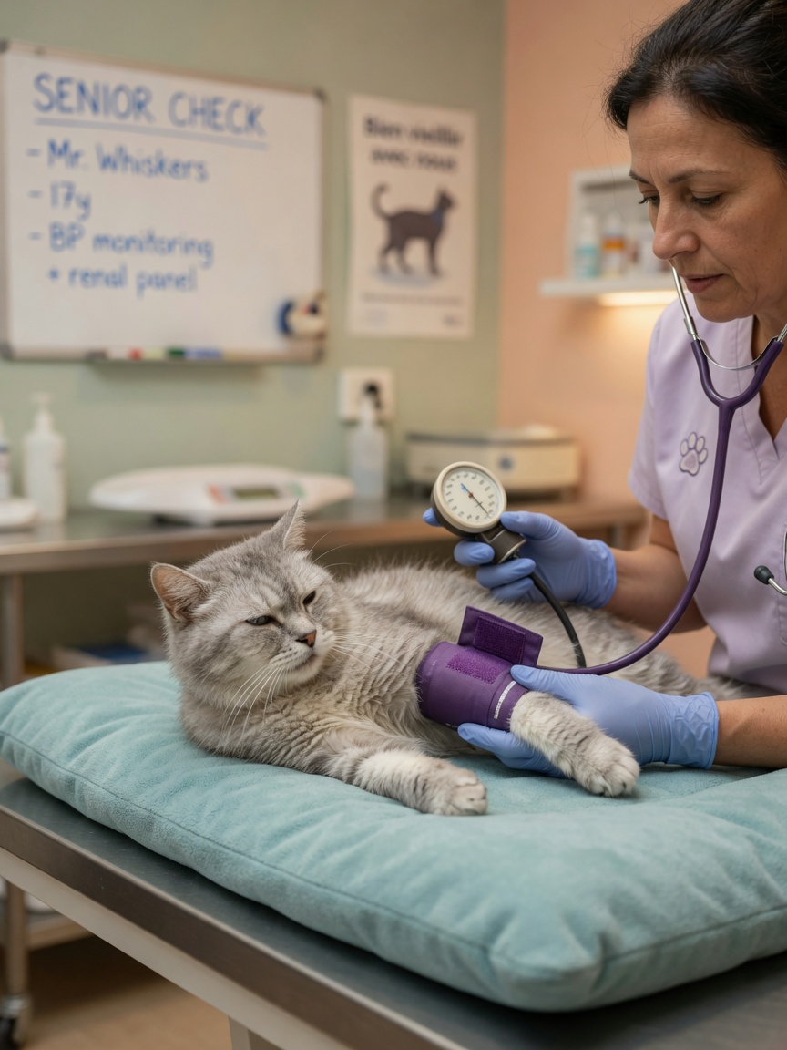 Senior cat receiving blood pressure monitoring during a twice-yearly geriatric wellness examination