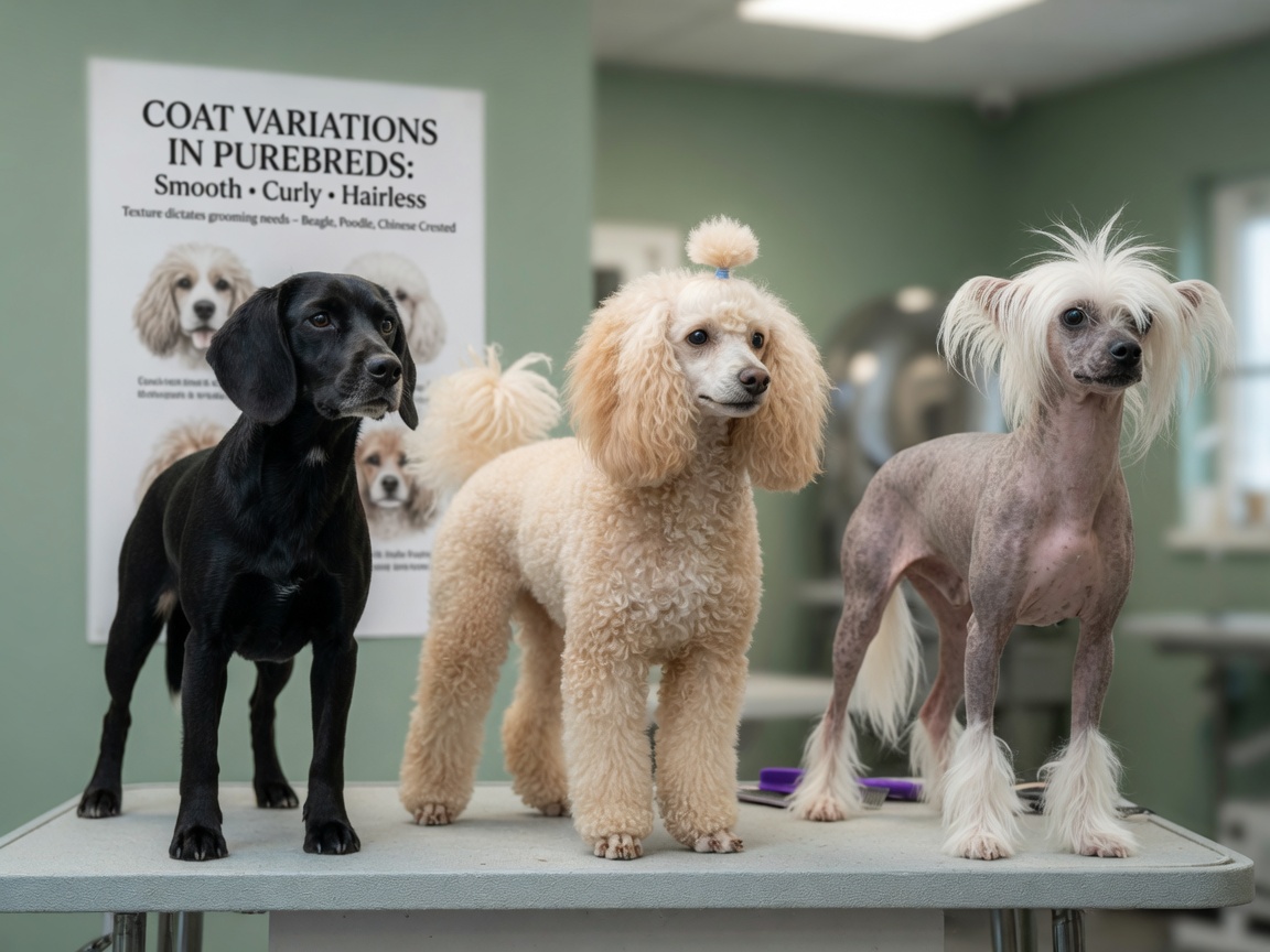 Three dogs with different coat types showing variety from short-coated to double-coated to hairless breeds