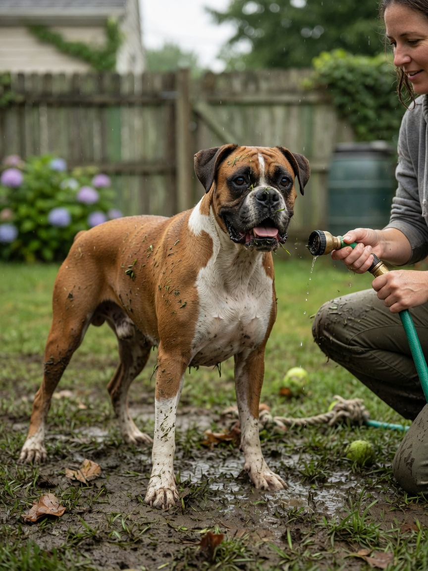 Active dog covered in mud and outdoor debris with owner preparing to rinse after playtime