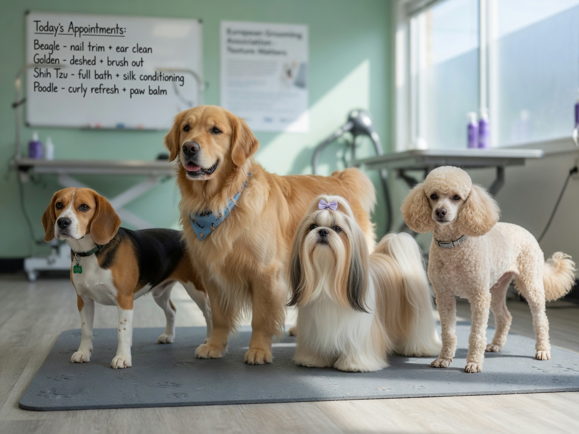 Four dogs representing different coat types: a short-haired Beagle, double-coated Golden Retriever, long-haired Shih Tzu, and curly-coated Poodle in a grooming salon