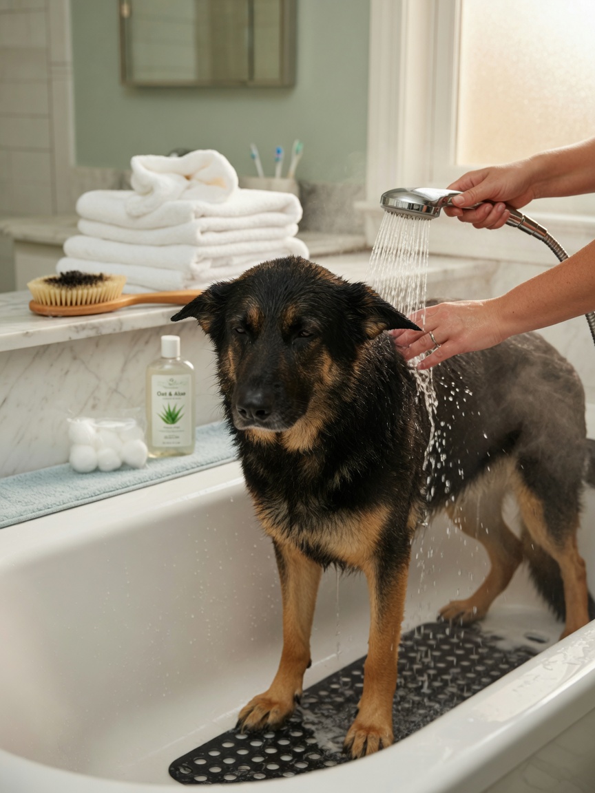 A German Shepherd being bathed in a home bathtub with grooming supplies organized on the counter nearby