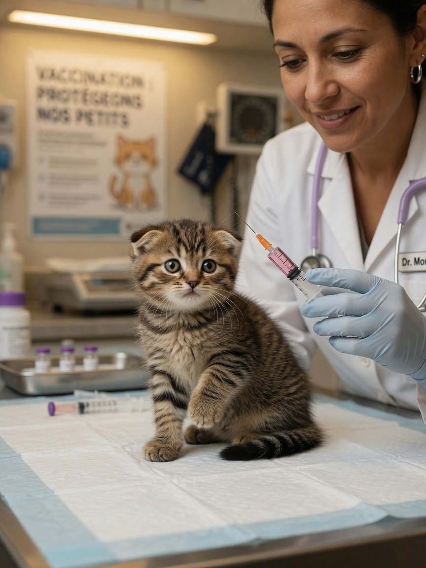 Kitten receiving first vaccination at veterinary appointment