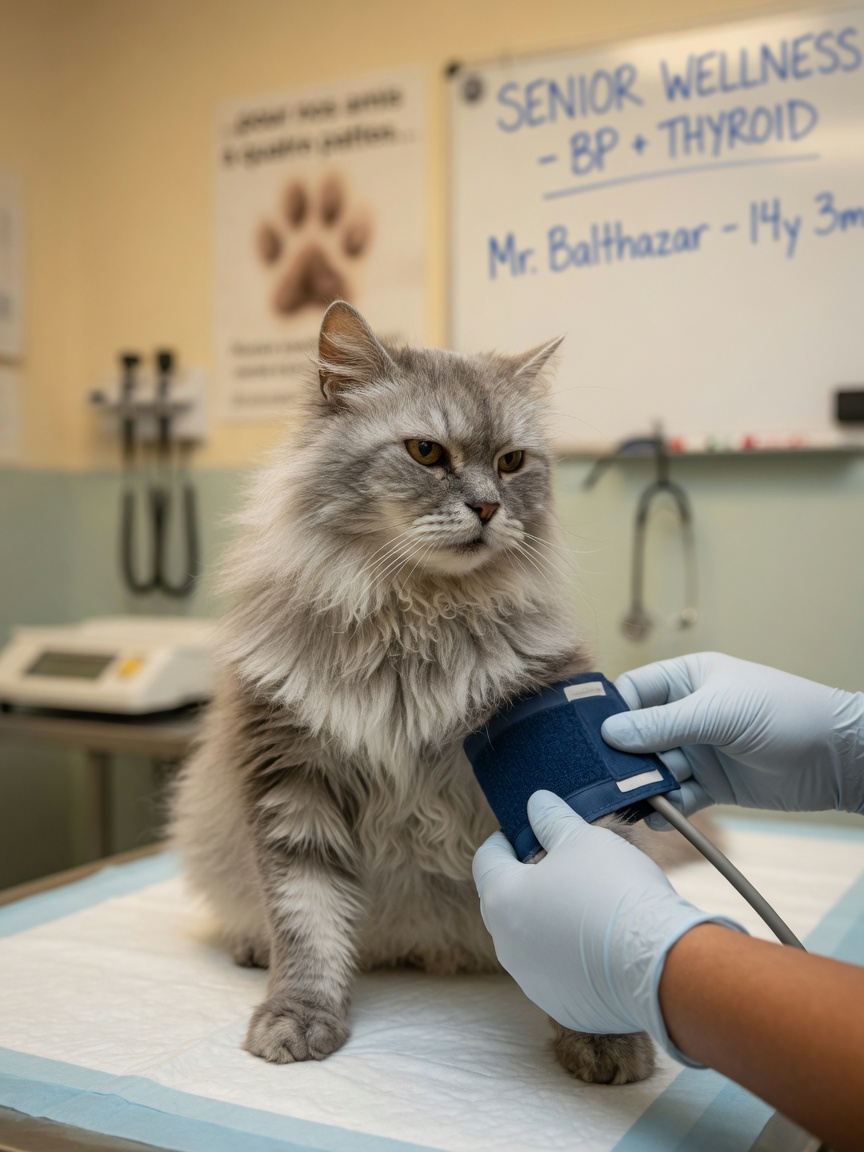 Senior cat undergoing blood pressure measurement during veterinary check-up