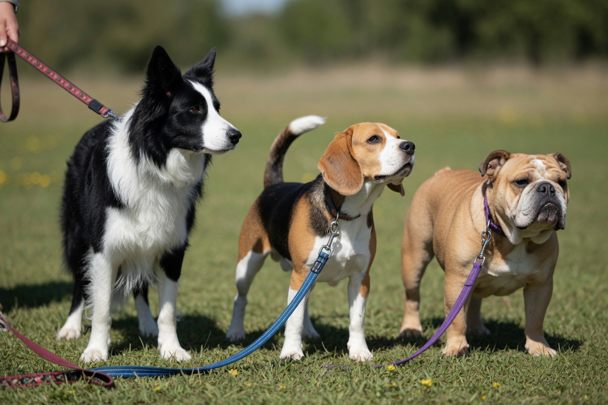 Border Collie, Beagle, and Bulldog standing together outdoors showing different breed energy levels and body types