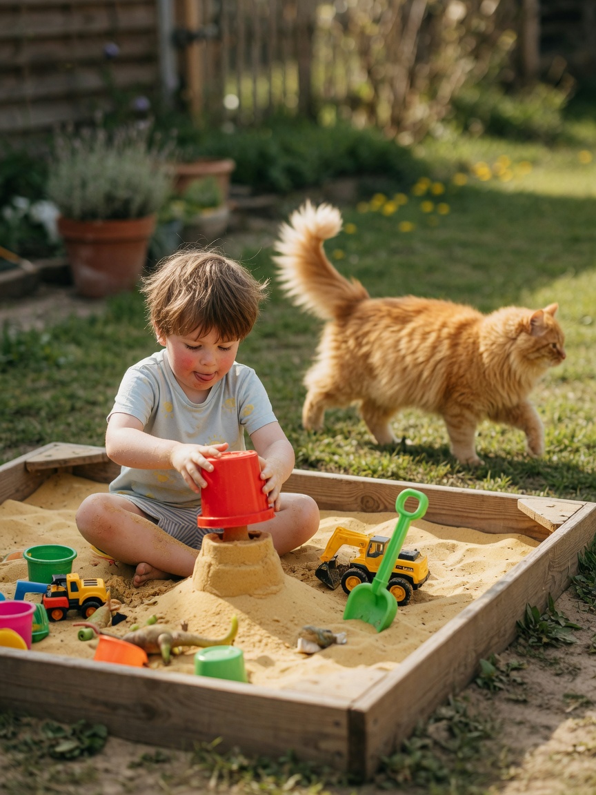 Young child playing in sandbox with cat visible in background garden setting