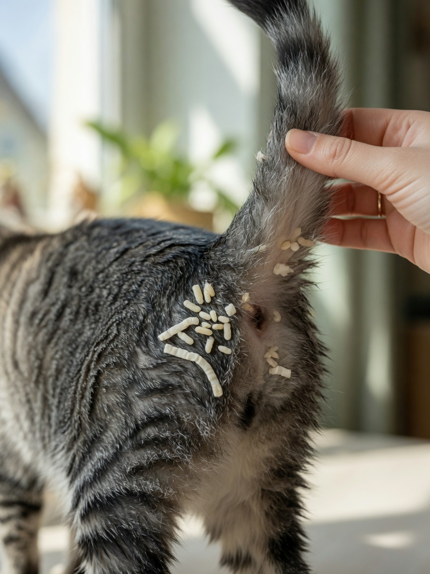 Close-up of cat's tail showing visible tapeworm segments with owner inspecting