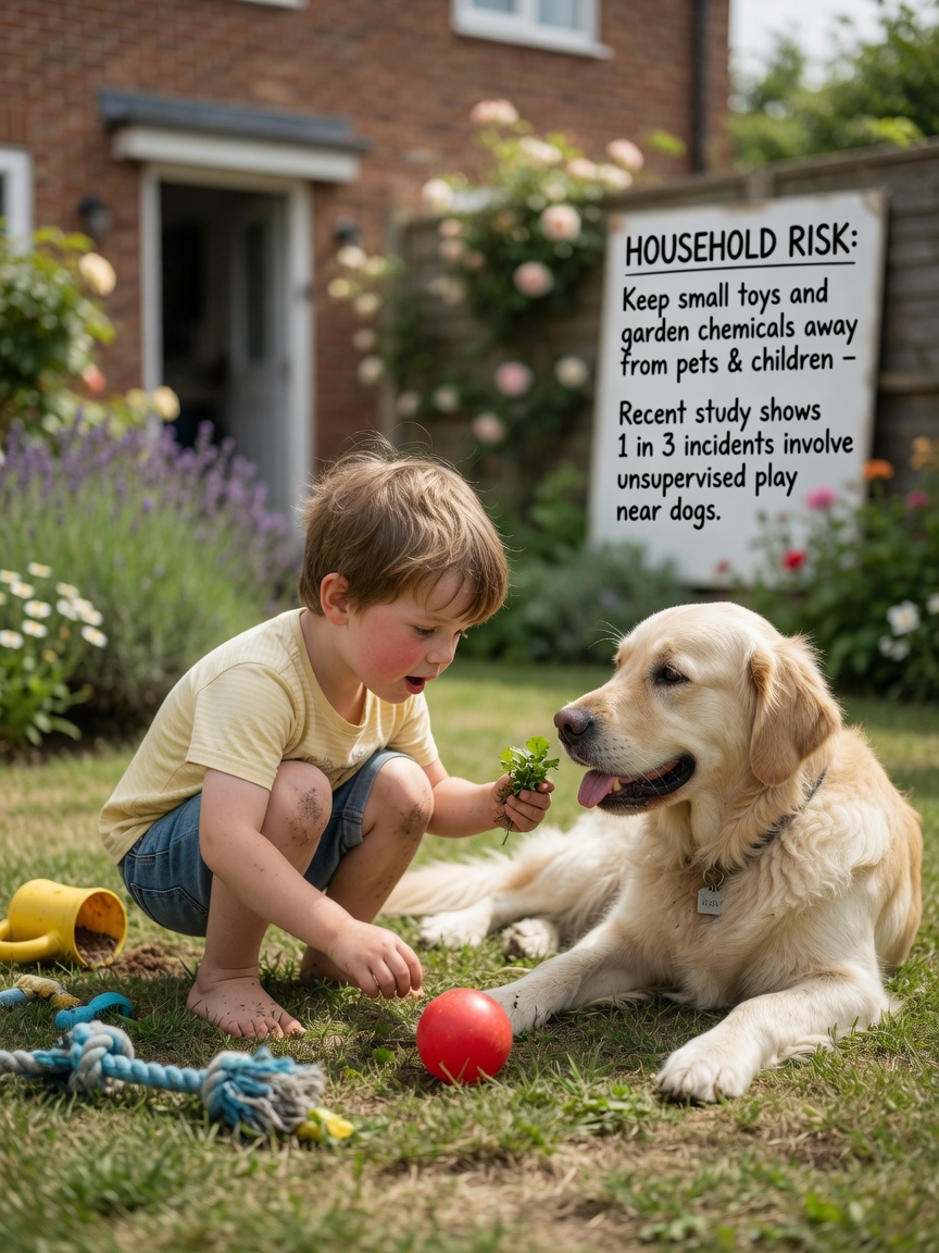 Young child playing in garden with a golden retriever nearby