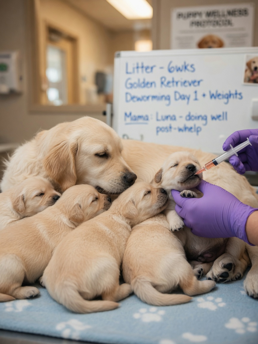 Veterinarian treating young puppies with worming medication while mother dog watches