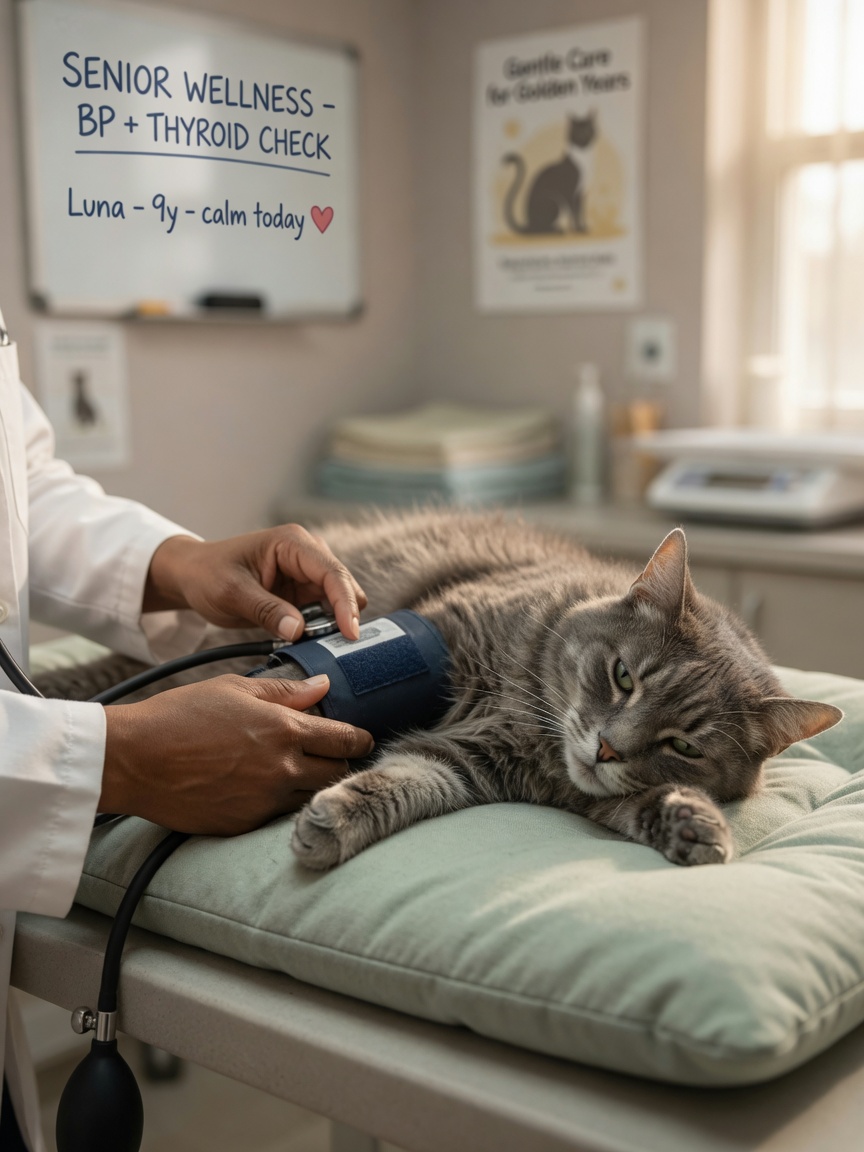 Ältere Katze bekommt den Blutdruck von einem Tierarzt während einer halbjährlichen Seniorenuntersuchung gemessen