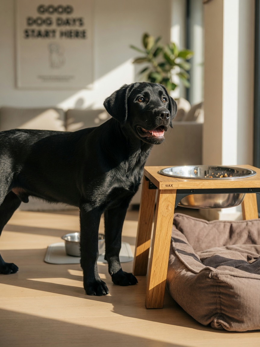 Large breed black Labrador puppy standing beside an elevated food bowl stand in a modern home