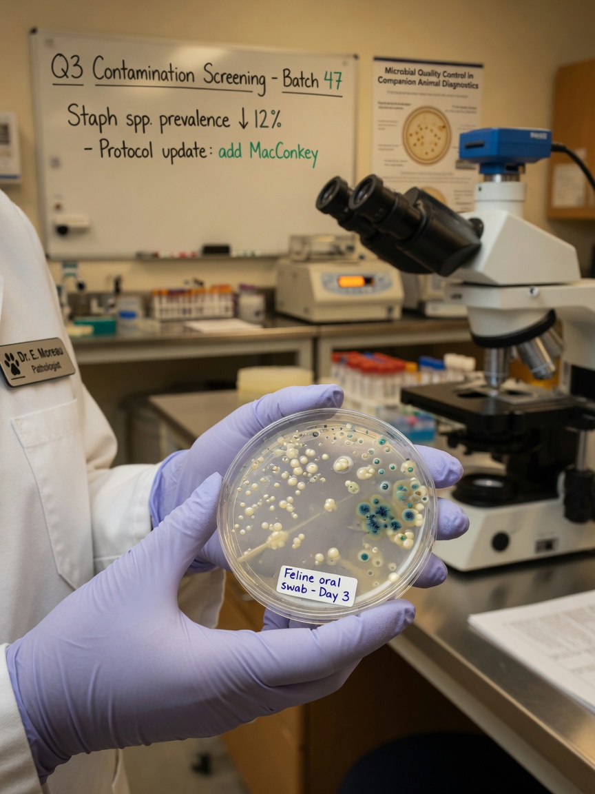 Veterinary laboratory technician examining microbial cultures in a petri dish