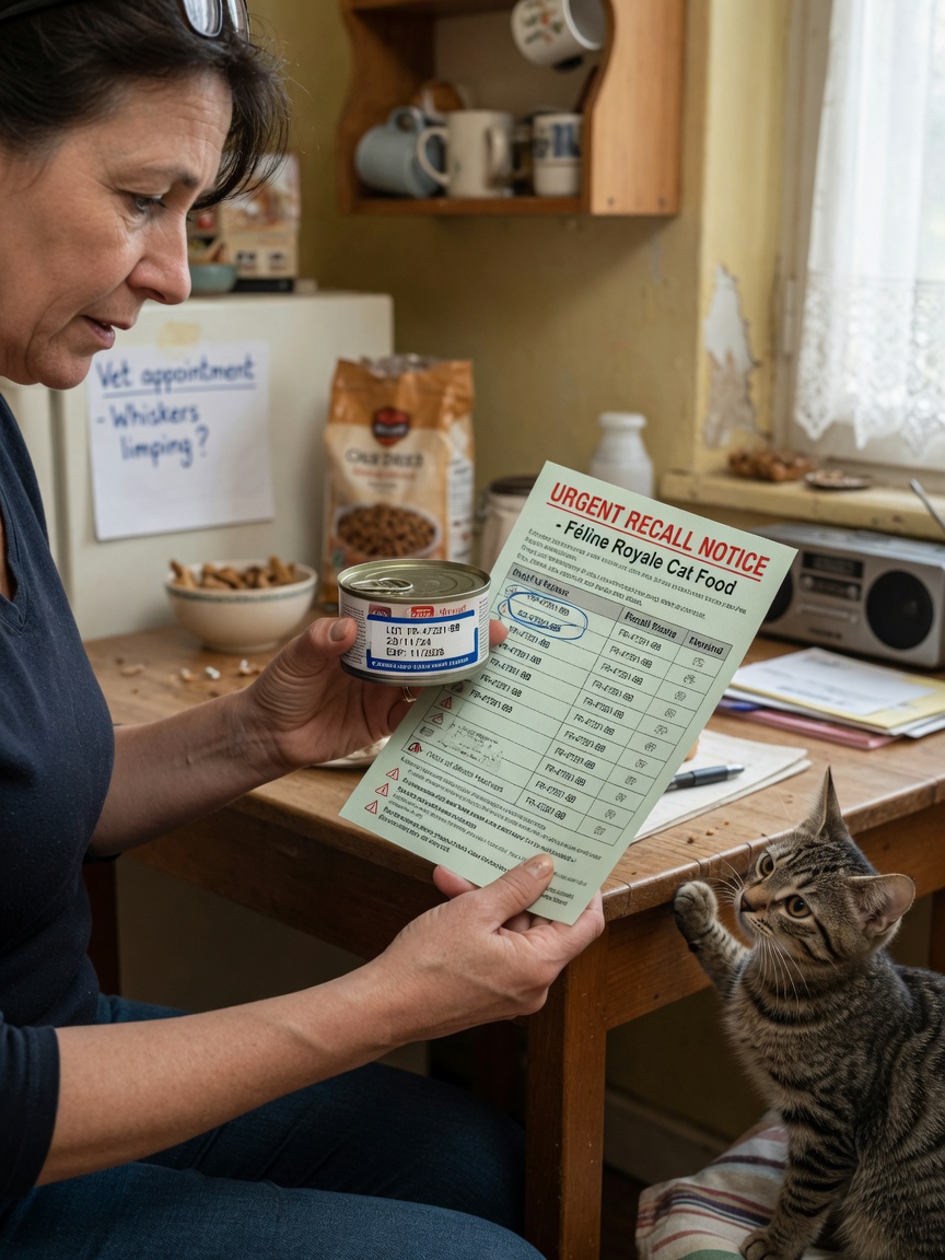 Pet owner comparing batch code on pet food packaging against a recall notice