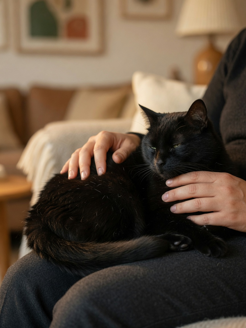 Close-up of hands gently stroking a black cat, showing the tactile comfort of pet contact