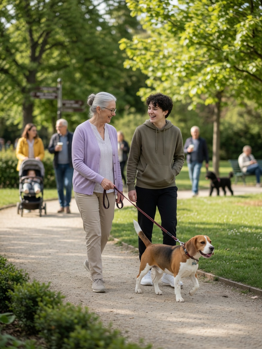 Three people and a Beagle walking together in a park, showing the social engagement and physical activity benefits of dog ownership