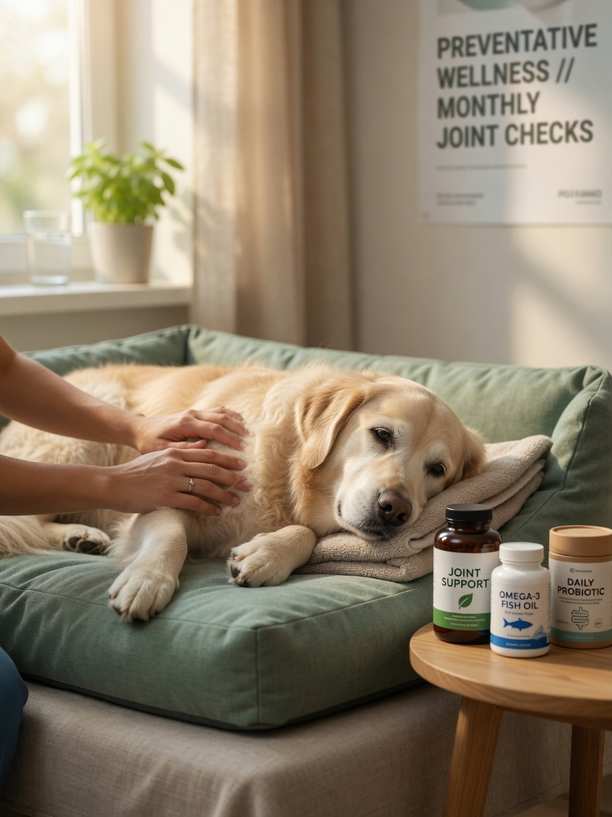 Ein älterer Hund erhält vorbeugende Pflege mit Gelenkstützungsnahrungsergänzungsmitteln und Wellness-Produkten in einer ruhigen, therapeutischen Umgebung.