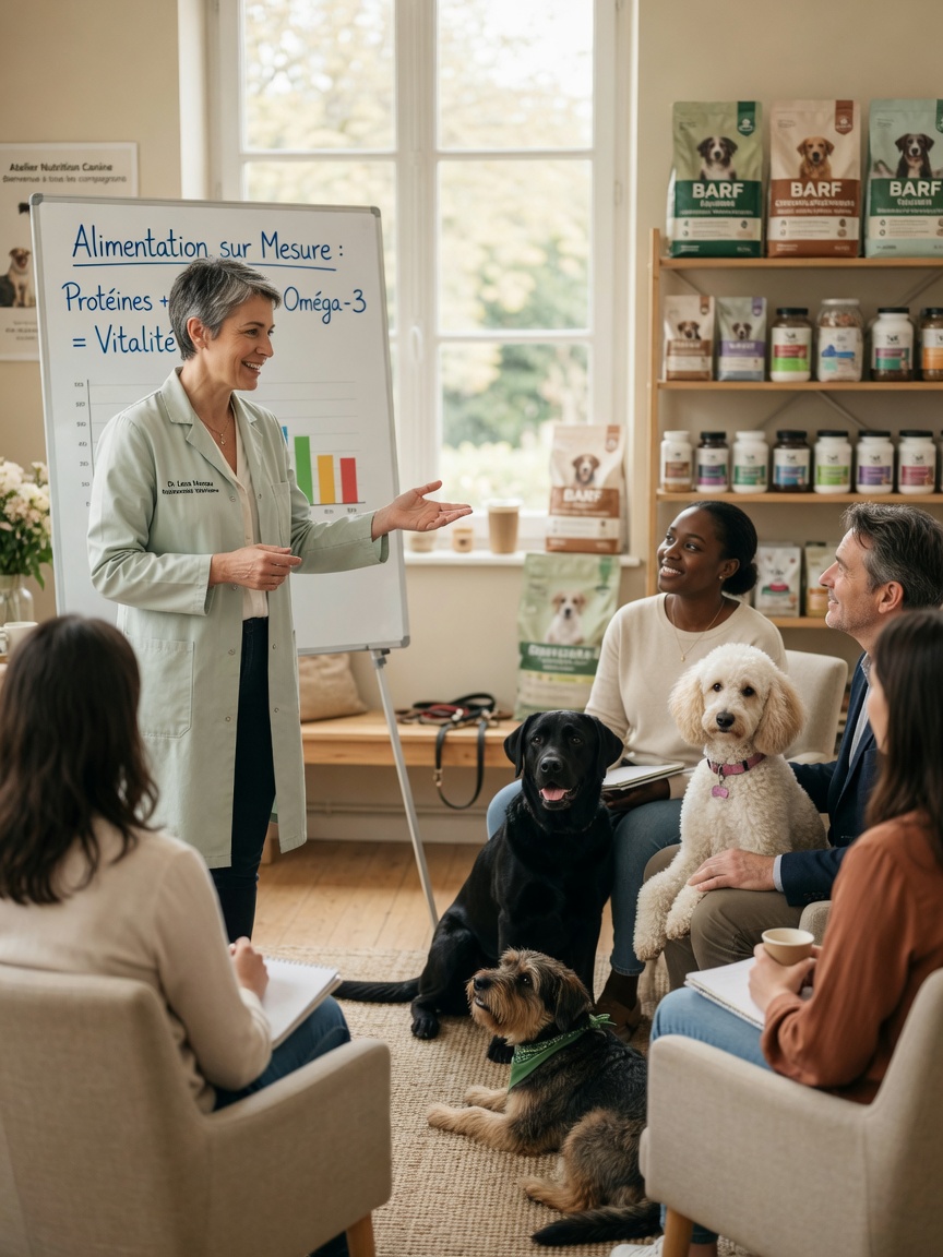 Ein tierärztlicher Ernährungsspezialist leitet einen Bildungsworkshop in einem Zooladen und unterrichtet Hundebesitzer und ihre Hunde über Hundegesundheit und Ernährung.
