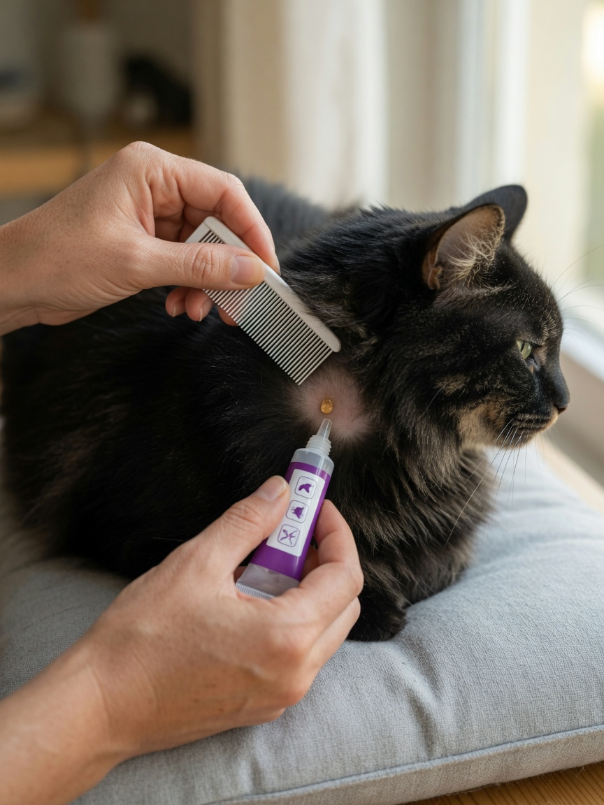 Pet owner applying spot-on treatment directly to bare skin on a tabby cat's neck with a comb holding the fur parted