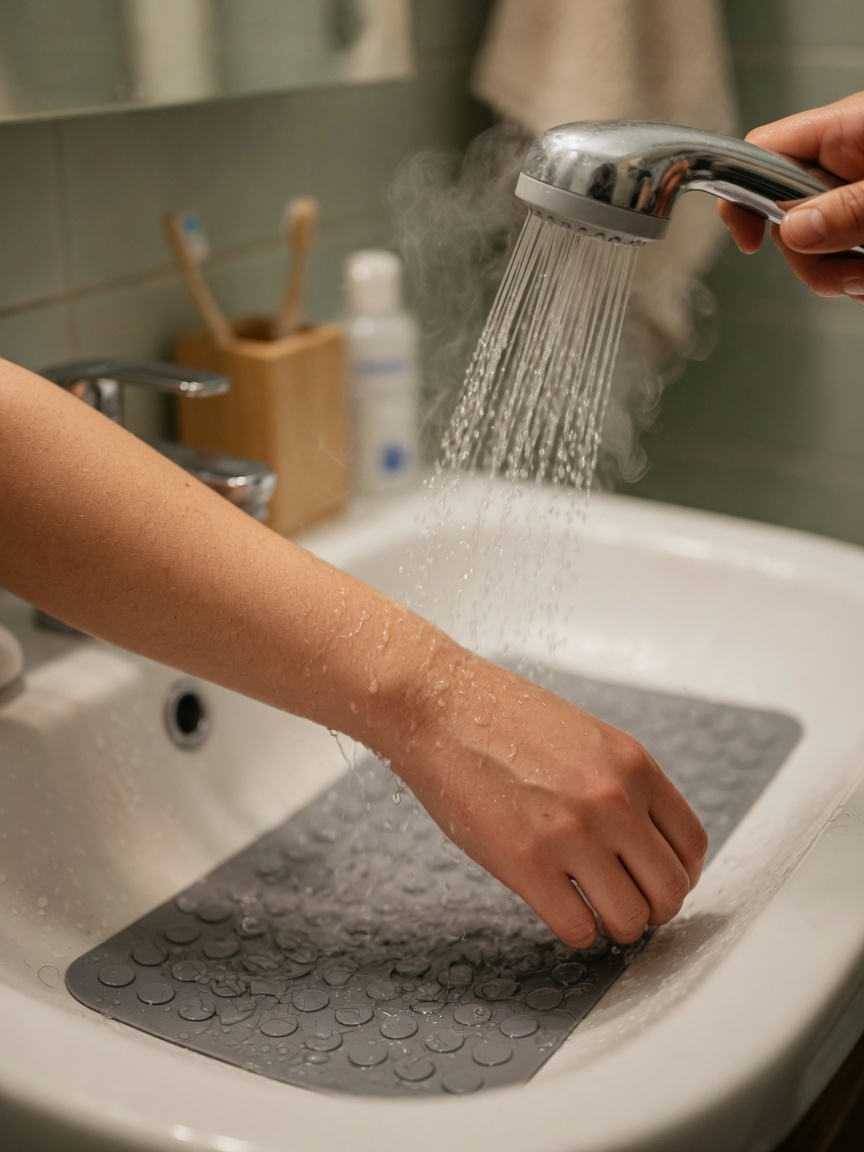 A person testing warm bathwater temperature on their wrist before bathing a cat
