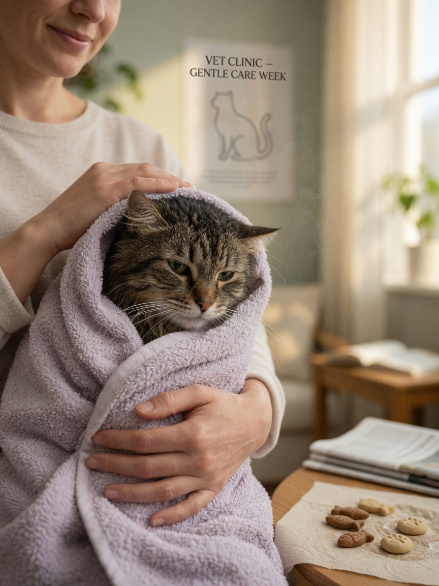 A damp cat wrapped in a warm towel after bathing, held gently by a person in a quiet room