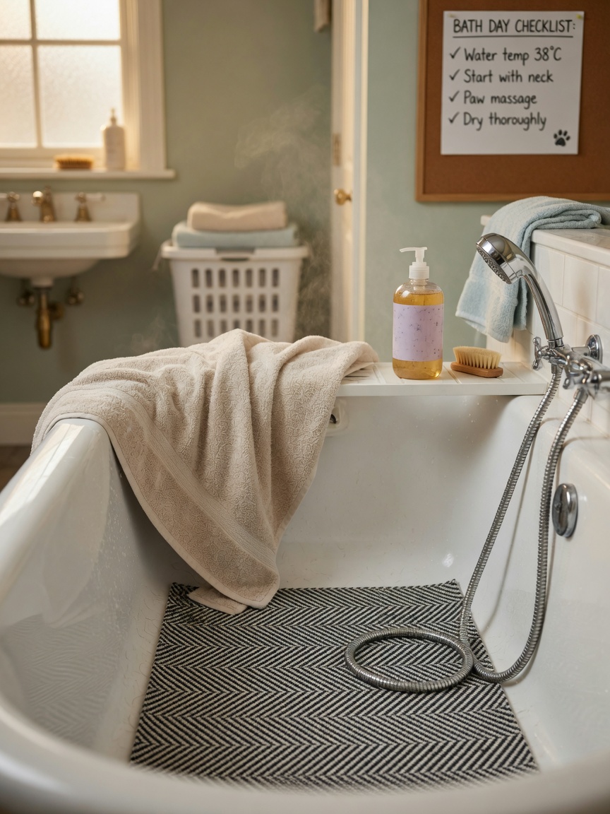 Bathtub prepared with non-slip mat, towels, and bathing supplies ready for a dog bath