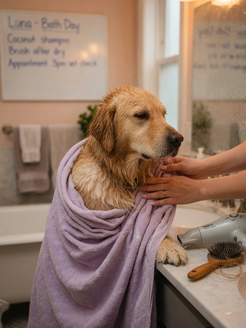 Owner towel-drying a damp dog with a microfibre towel after bathing