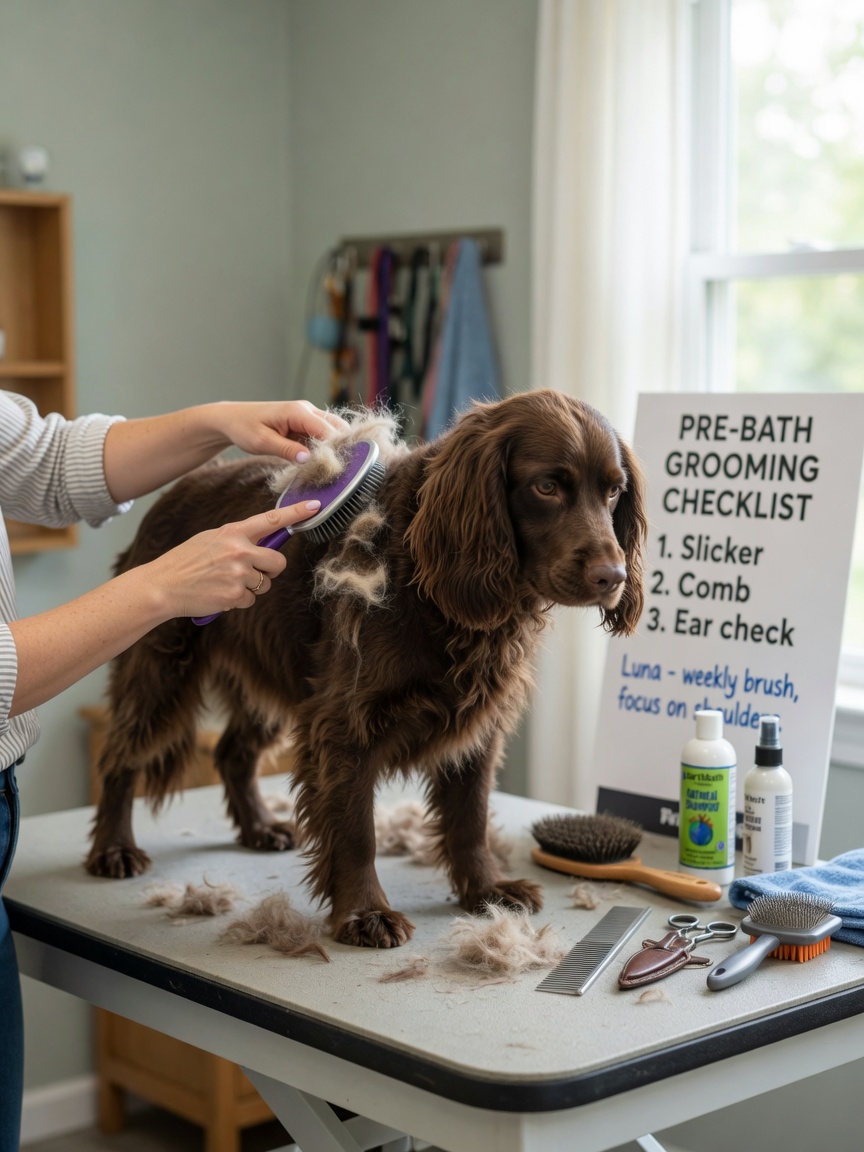 Owner brushing a spaniel's coat before bathing