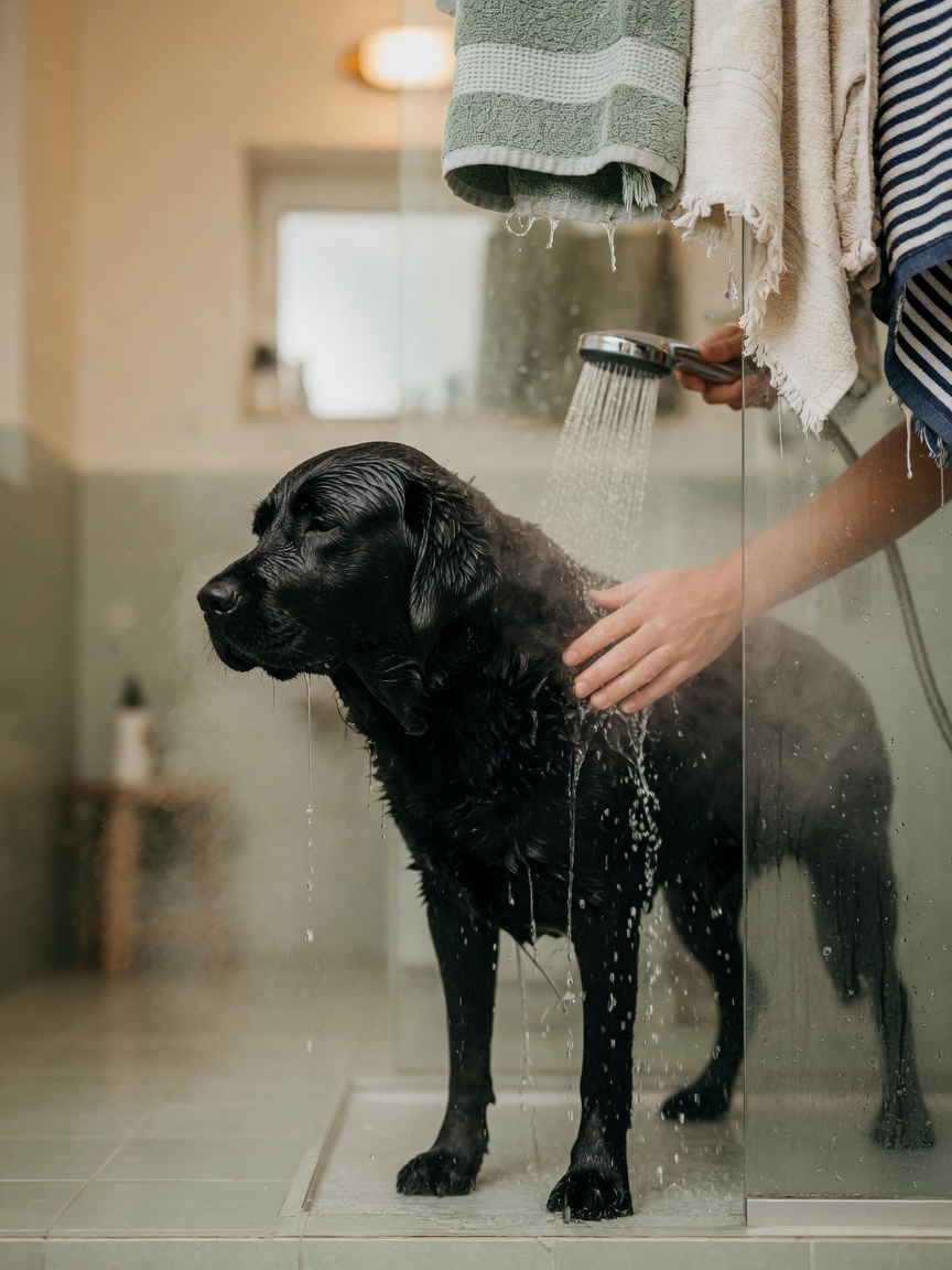 Thorough rinsing of a Labrador's dense coat during bathing