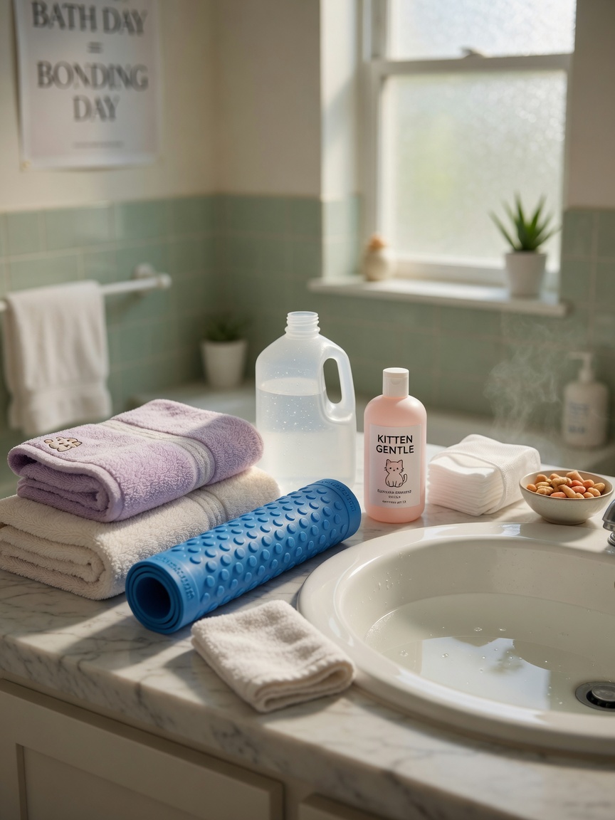 Organized bathroom counter with kitten bath supplies including towels, mat, shampoo bottle, jug, cotton pads, and treats