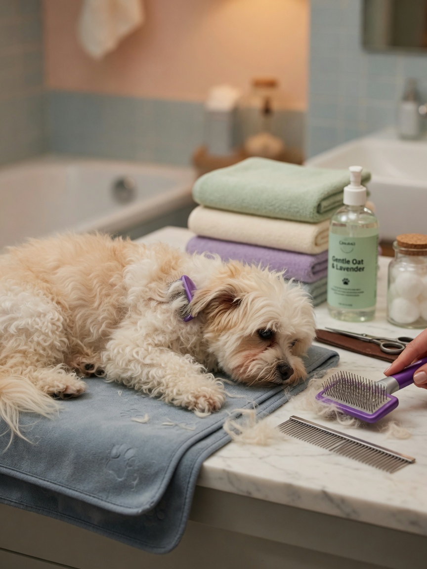 Dog being thoroughly brushed before bath with grooming supplies and towels organized on bathroom counter