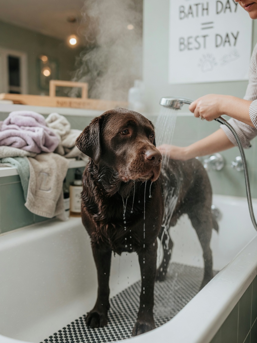Labrador Retriever standing in tub during rinsing with shower attachment, water running from neck towards tail, dog relaxed and calm