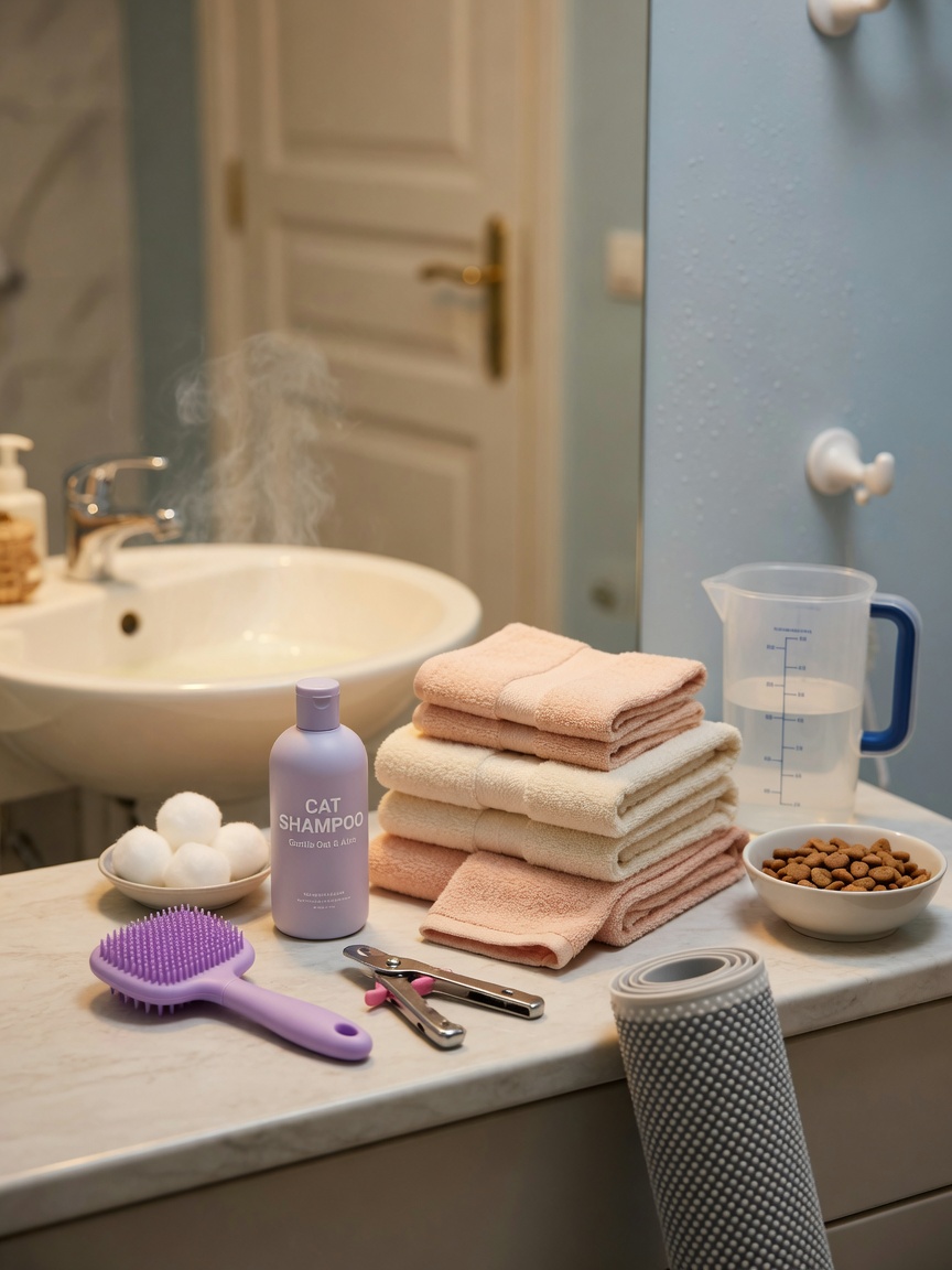 Organized cat bathing supplies on bathroom counter including brush, clippers, cat-specific shampoo, towels, cotton balls, jug, treats, and non-slip mat